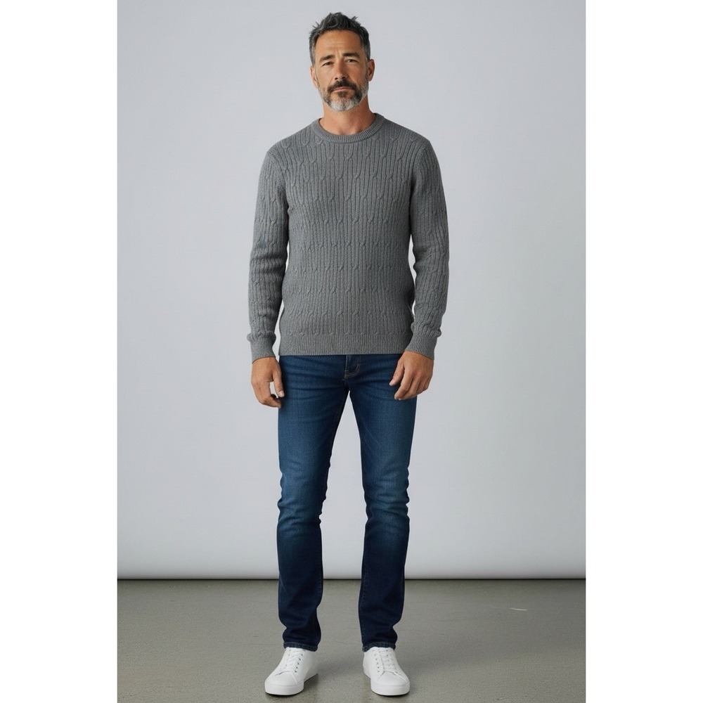 Express Men's Cable Knit Crew‎ Neck Gray Sweater, 100% Cotton - Size M